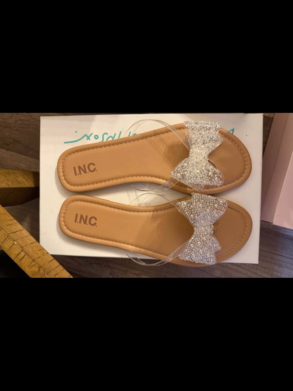 INC International Concepts Tan Slide Sandals with Crystal Bow Accent